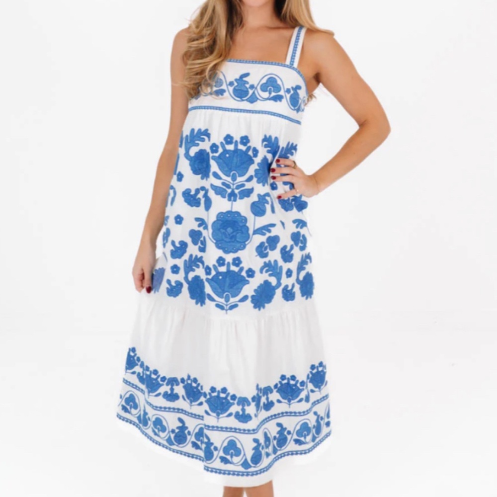 Blue & White Embroidered Midi Dress - Women